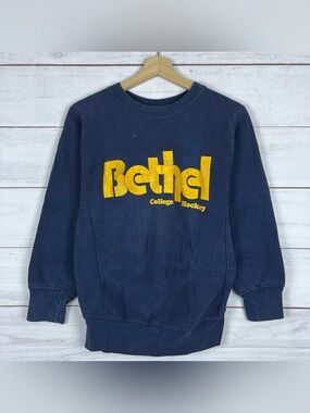 Vintage 90s Bethel College Hockey Sweatshirt Blue Size Small Sand Knit MacGregor